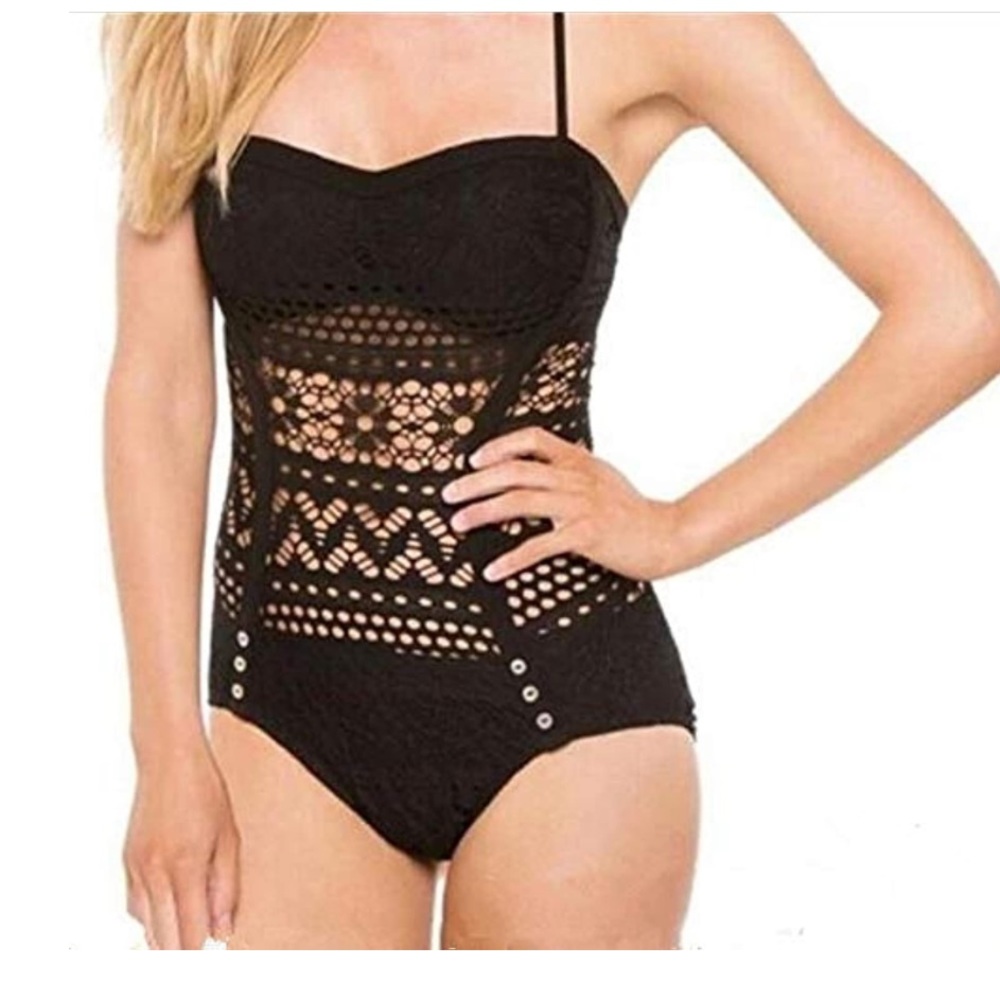 New Large Black Strapless Sheer Crochet One Piece Swim Suit with Button Detail
